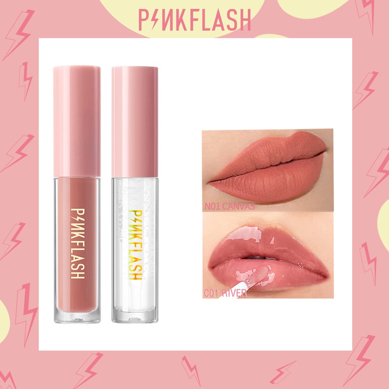 PINKFLASH  2PCS/SET Matte Tahan lama  Liquid Lipstick + Lip Gloss Lip Care Shimmer Pigmentasi tinggi