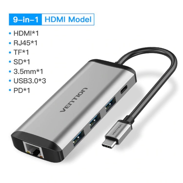 Usb type c to hdmi usb lan rj45 usb 3.0 vention 9 in 1- vention THAHB