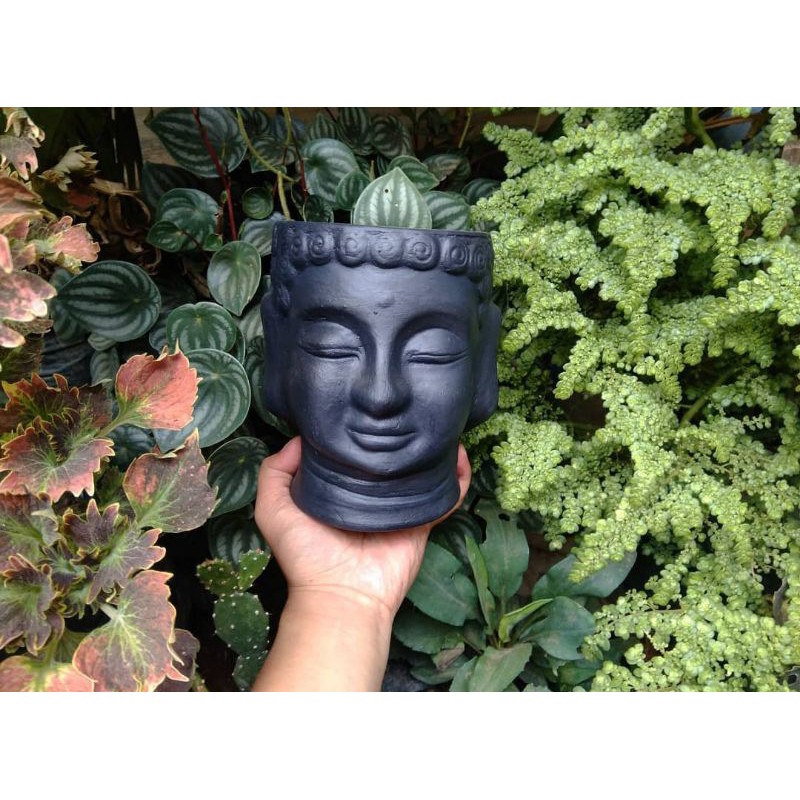 Pot bunga kepala Budha teracota versi hitam super unik dan keren diameter 14cm