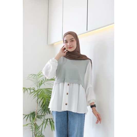 SHAHIA TOP (ld104 pjg 68) - Atasan Blouse Combi Wafer Tangan Balon