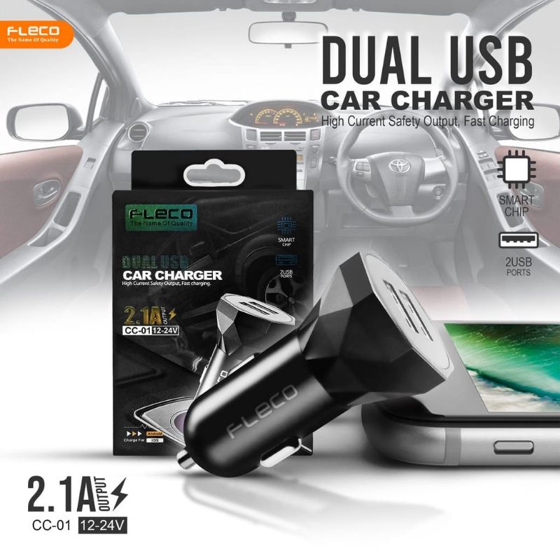 ADAPTOR CAR CHARGER FLECO CC-01 2USB BATOK CHARGER MOBIL FLECO KEPALA CASAN MOBIL SAVER FLECO CC-01