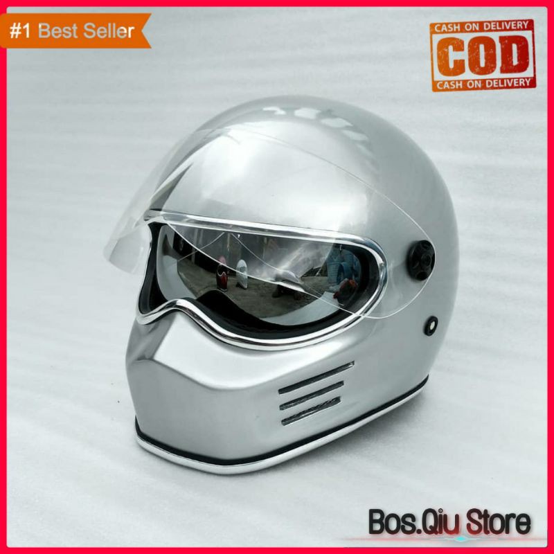 HELM CUSTOM CLASSIC SIMPSON BANDIT STREET OUTER & INNER/DOUBLE VISOR SILVER/PUTIH/HITAM LIST CHROME