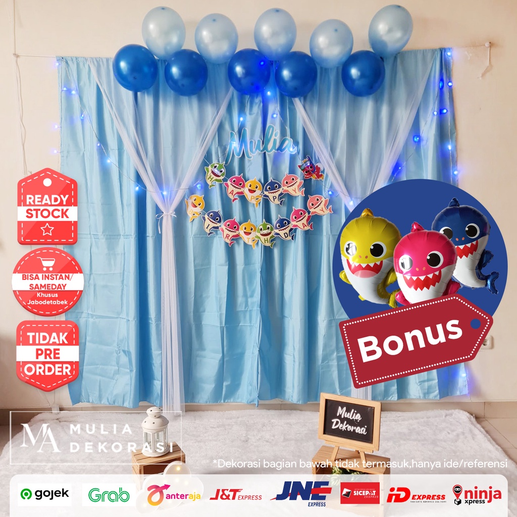 Backdrop Dekorasi Tema Baby Shark Ulang Tahun Happy Birthday 1 set paket Tirai Pesta Anak Paket HBD Baby Shark