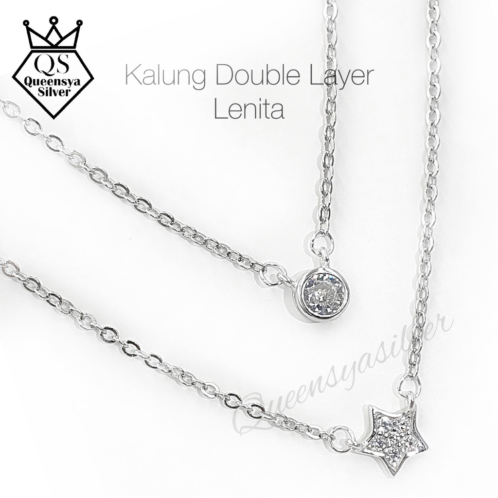 Kalung Perak Double Layer Asli Silver 925 || Model SOLITAIR &amp; STAR || Lapis Emas Putih || Queensya Silver