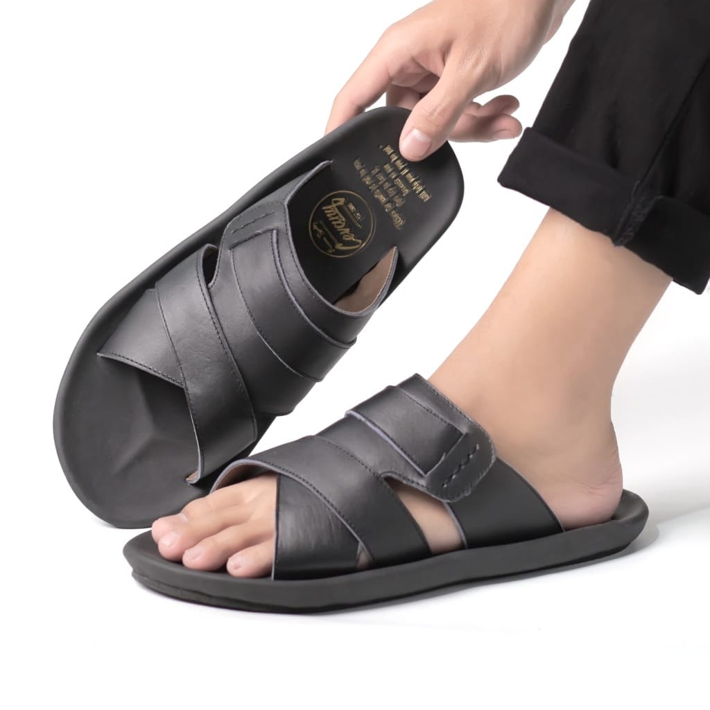 EXXCO|Sandal Slop Kasual Kulit Asli Trendy Kekinian Simple Coklat Hitam Murah