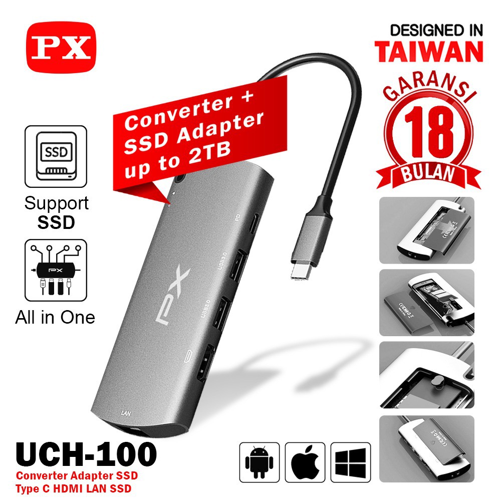 PX UCH-100 Converter Adapter SSD 2TB Type C to USB HDMI LAN 6 In 1