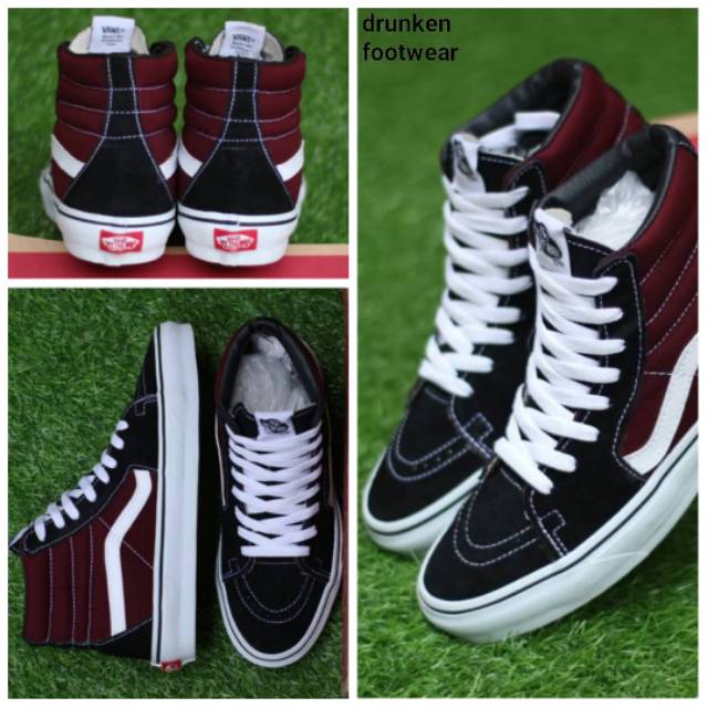 SEPATU VANS SK8 HIGH MAROON WHITE BLACK - ORIGINAL PREMIUM - merah marun hitam putih sk 8