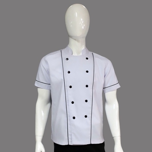 Chef Wear Baju Koki SS Putih  (piping hitam) S-XXL