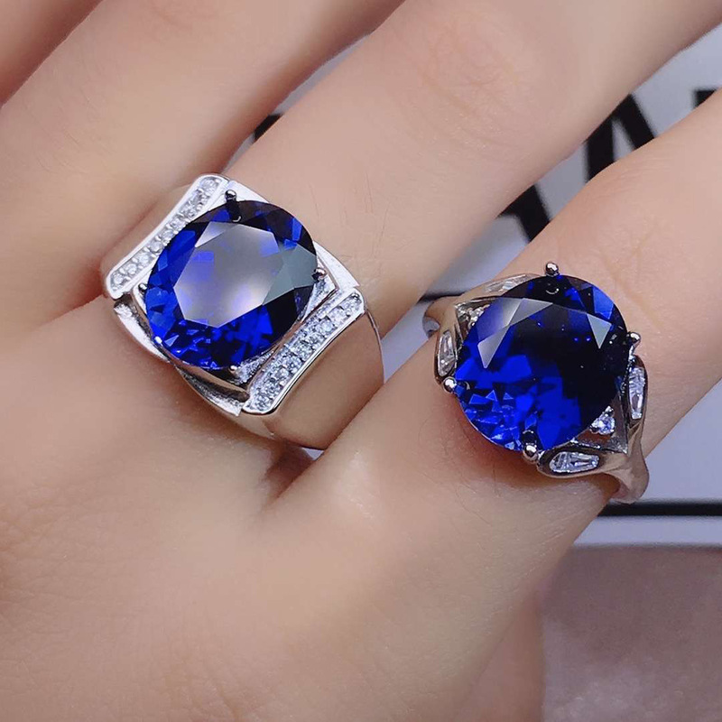 Cincin Pasangan Berlian Baja Titanium Safir Perak Pria Wanita Fashion Pernikahan Kristal Biru Couple Rings