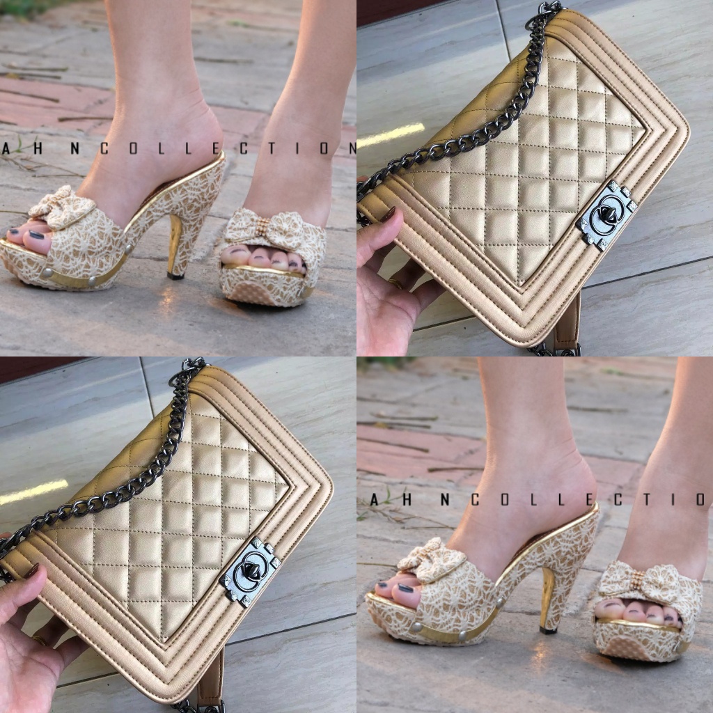 paket sandal heels brokat dan tas selempang jf88