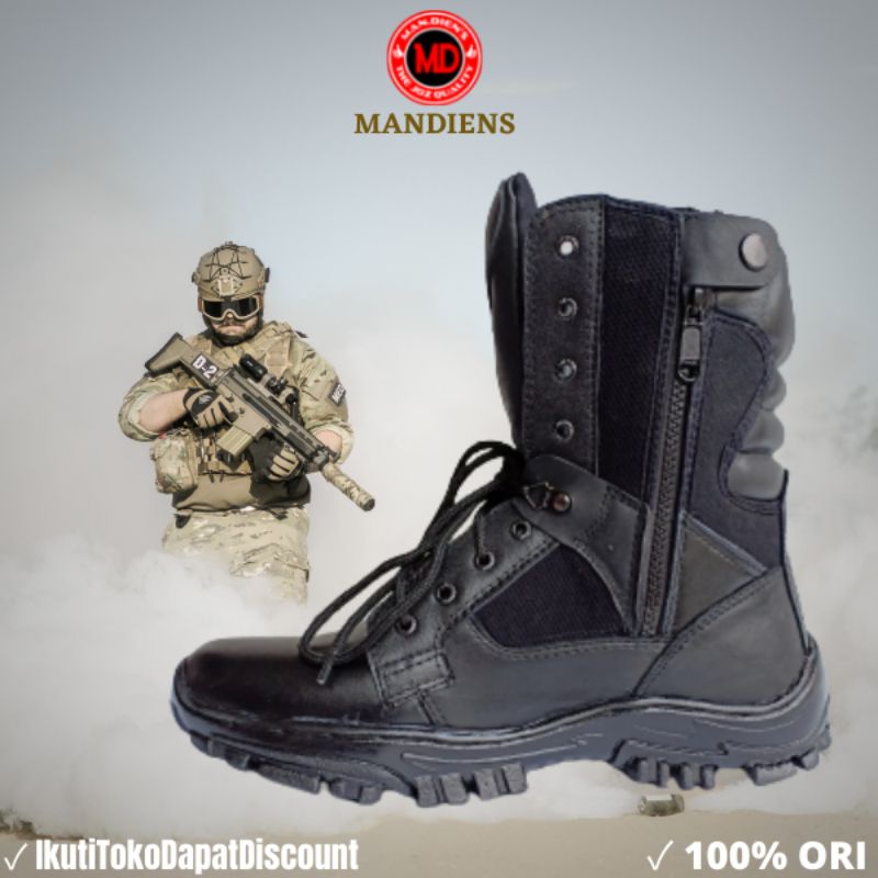 MANDIENS Sepatu PDL TNI POLRI - Sepatu Pdl Kulit vs Kanvas Kombinasi Tali Resleting - Sepatu Banser Satpam