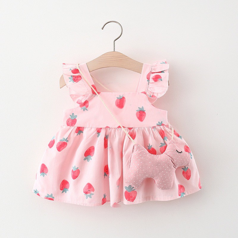 Dress anak perempuan stroberi + tas / Strawberry dress + doggy bag Pink - D0004