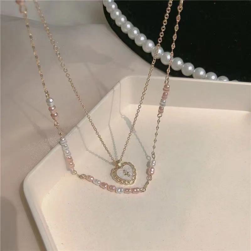 Korean Fashion Temperament Multilayer Necklace Pearl Women Accessories Love Hollow Pendant Necklace