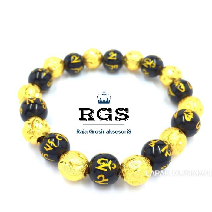 [Bayar Di Tempat] RGS Gelang Giok Mantra Budha Kombinasi Emas - Gelang Feng Shui