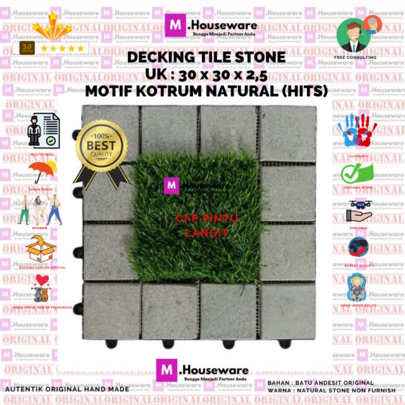 Lantai Batu Andesit Motif KOTRUM BATU Kotak Mix Rumput / decking stone Batu Alam UK 30x30cm