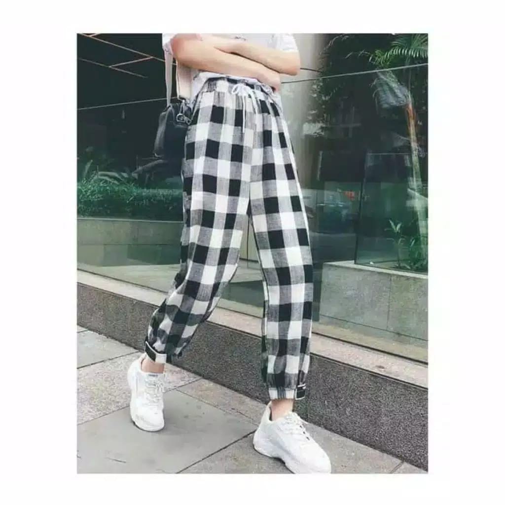 TBI Celana Joger Unisex Kotak Kotak Plaid Street Wear Jogger Harem Korean Style Pants BTS