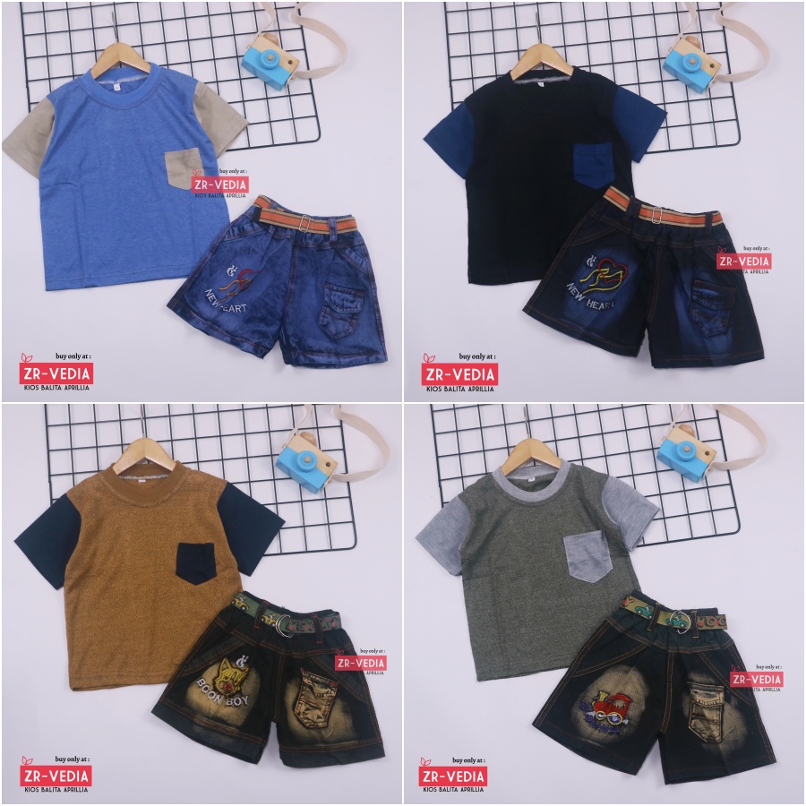 Setelan John Ethes uk 1-6 Tahun / Set Lengan Pendek Anak Laki-Laki Celana Jeans Kantong Baju Oblong