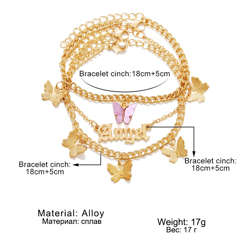 3pcs / Set Gelang Kaki Multilayer Liontin Angel Butterfly Gaya Eropa Amerika