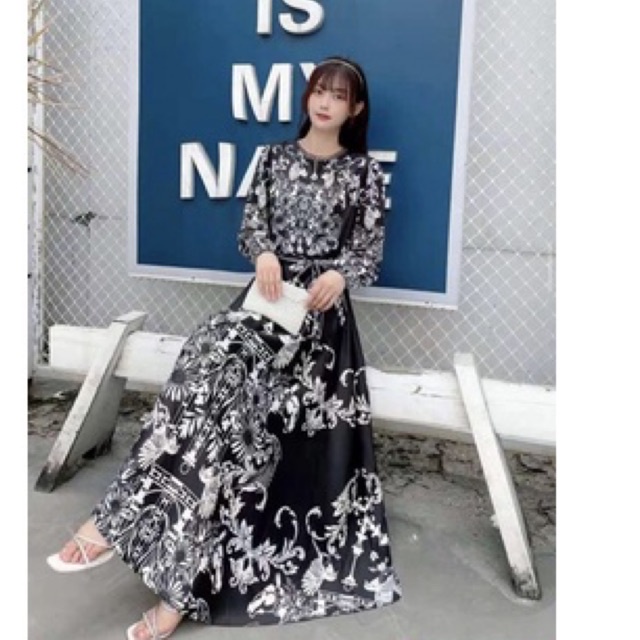 Gaun Gamis wanita muslim cewek dress kekinian hitam putih