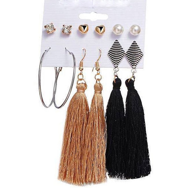 LRC Anting Set Fashion Gold Color+black Tassel Decorated Earrings (12 Pcs ) A57023