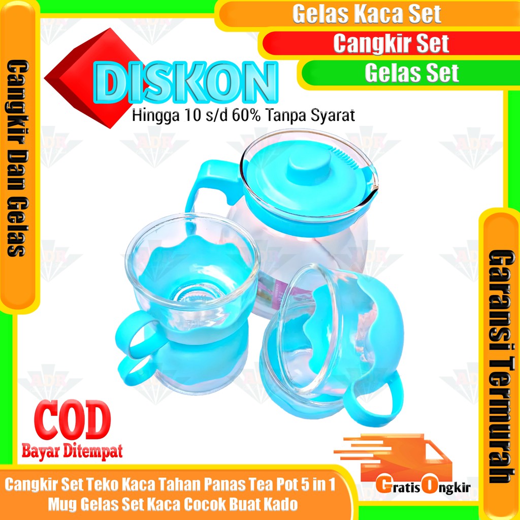 Jual Murah Cangkir Set Teko Kaca Tea Pot 5 In 1 Mug Gelas Tahan Panas Cocok Buat Kado WGRY5JnIorKAre