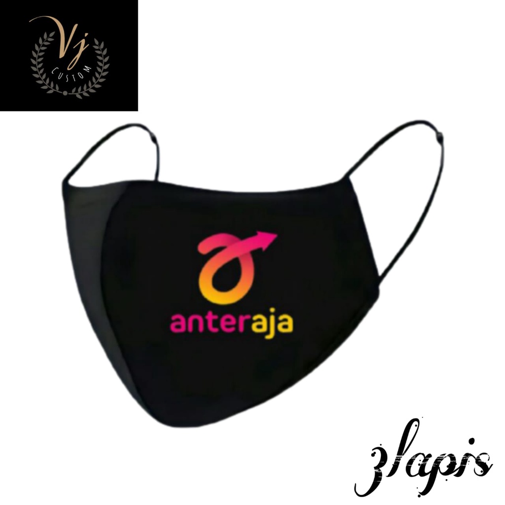 Masker Kain 3 Lapis Motif Logo Tulisan Anteraja 3ply Kurir Hitam Earloop Headloop pria / wanita / 4D
