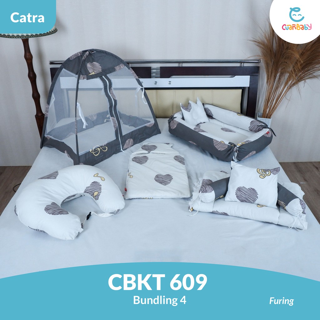 Kasur Bayi Tenda Paket 4 Sprei Furing Motif Love Grey and White CBKT 609 Kain Catra