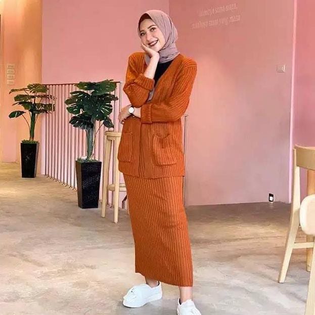 [ONE SET] STELAN RAJUT LONGCARDI BELLE+ROK SPAN KNIT/STELAN WANITA KEKINAN/BAJU STELAN RAJUT/BAHAN HALUS TEBAL TERMURAH