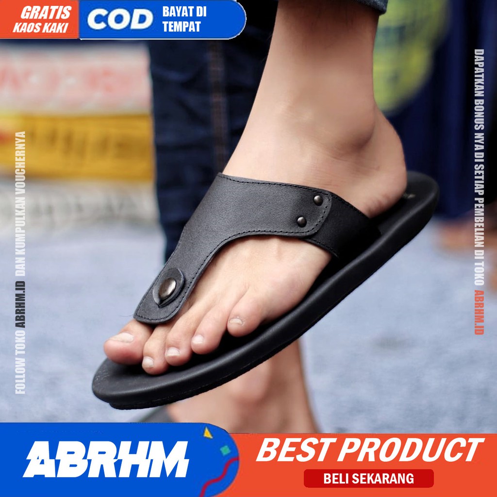 ABRHM x CLOVER Sandal Jepit Pria Sandal Pria Kulit Asli Sandal Japit Cowok / Cowo Keren Ori Kekinian