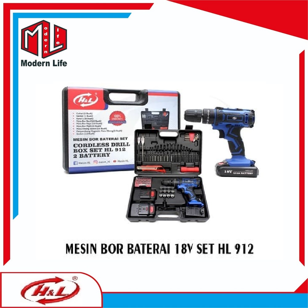 Mesin Bor Baterai Cordless Drill Set 18V HL 912 Bor Set Tanpa Kabel / HL912