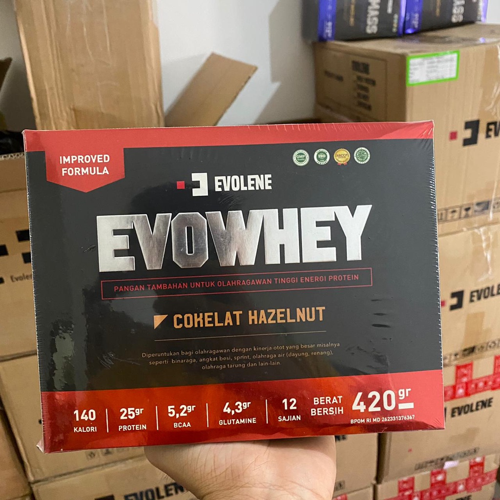 EVOWHEY Coklat Hazelnut 12 Sachet 420 Gram Gr Evolene Whey Protein evo whey