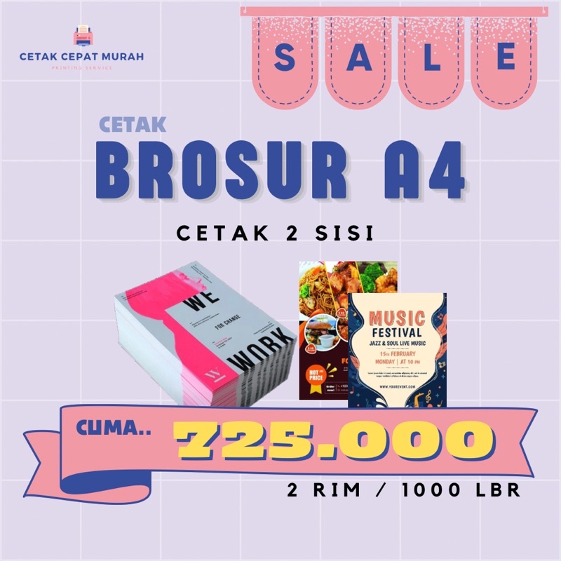 

CETAK BROSUR MURAH CEPAT. Ukuran A4, 2 SISI. 2 RIM/1000 LBR. Bahan Art Paper 120 gr.