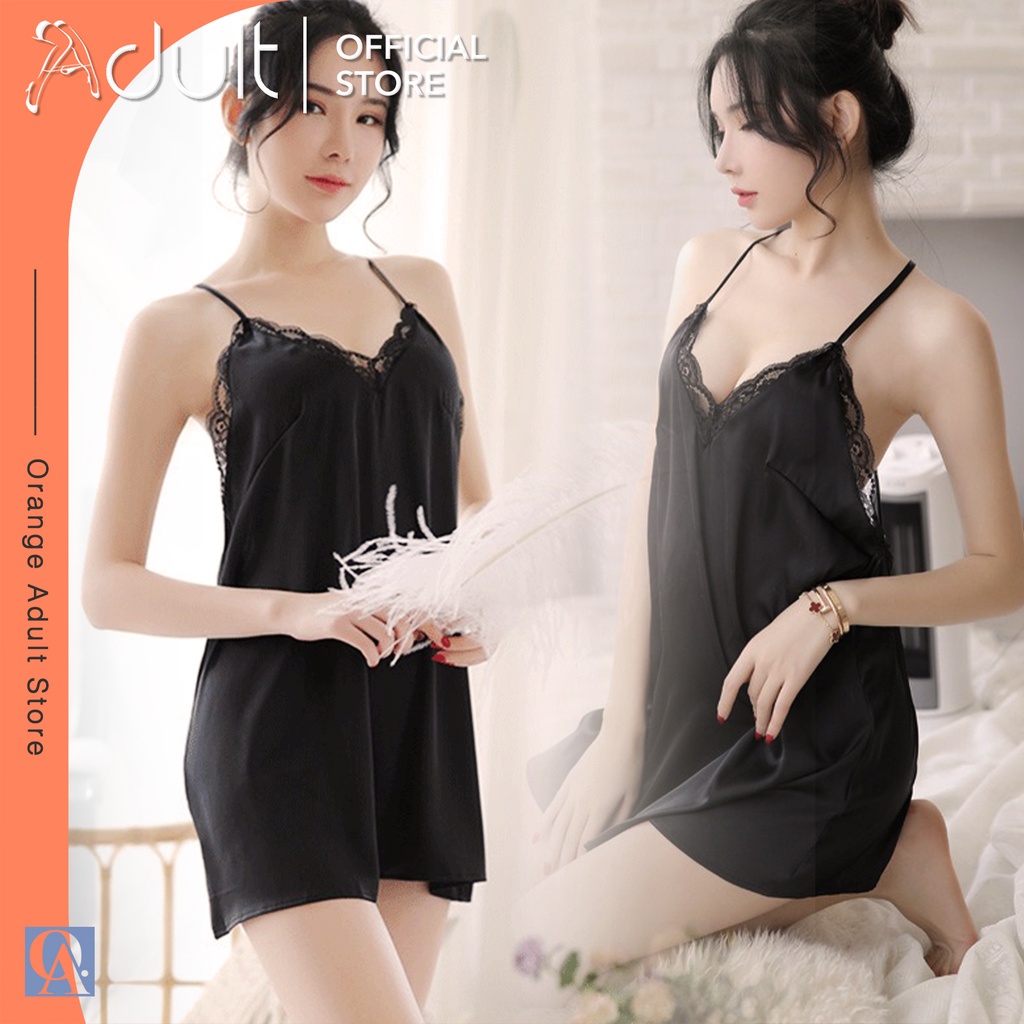 ORANGE ADULT Lingerie Sexy Back Lace / Baju Tidur Wanita Dewasa / Lingerie Seksi Hot Satin Belakang Brukat Hitam1368