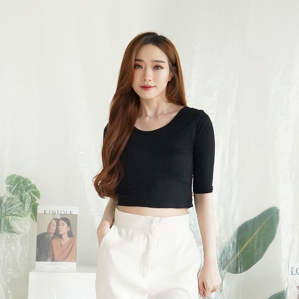 Korean Crop Top Kaos Casual Plain Short Sleeve Crop Top lengan 3/4 Baju Atasan Wanita 085