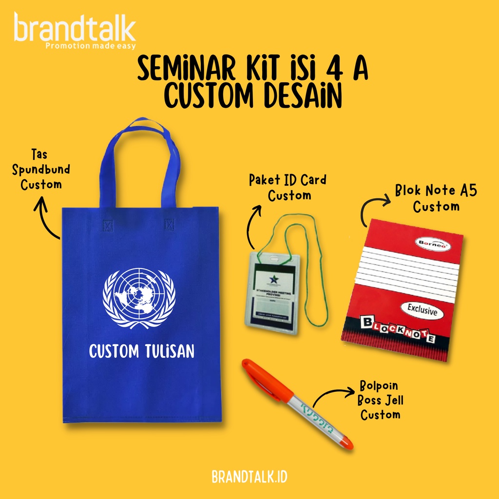 

Paket Seminar Kit Isi 4 - Tas Spoundbond, Notebook A5, Pulpen, ID Card