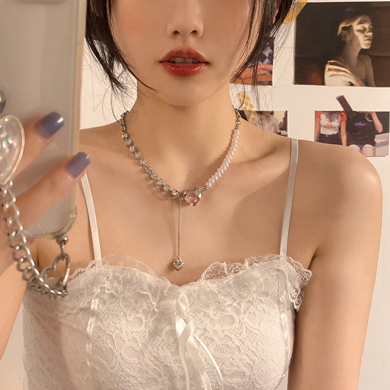 IFYOU Kalung Choker Hias Mutiara Hati Warna Pink Gaya Korea Untuk Wanita