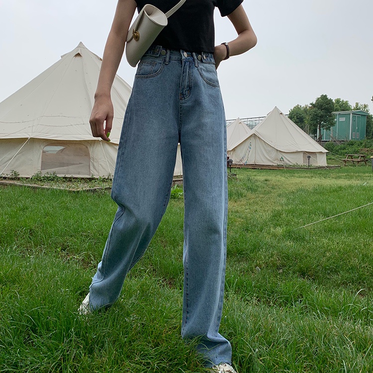 Korean Style Jeans Wanita Celana Panjang Loose High Waist Straight Pants