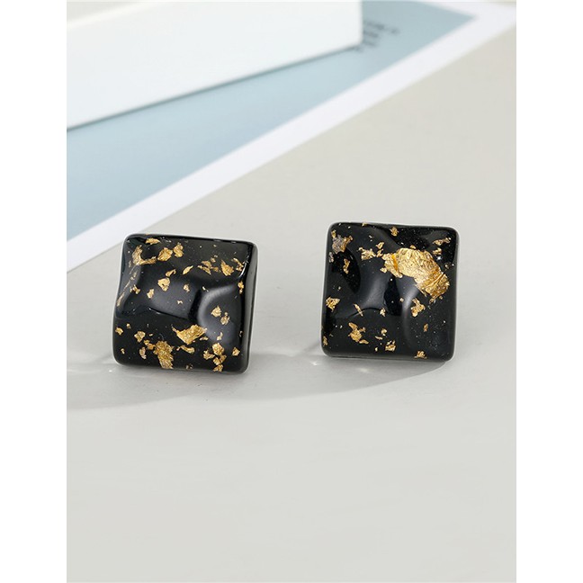 LRC Anting Tusuk Fashion Black Square Gold Leaf Acrylic Irregular Geometric P49720