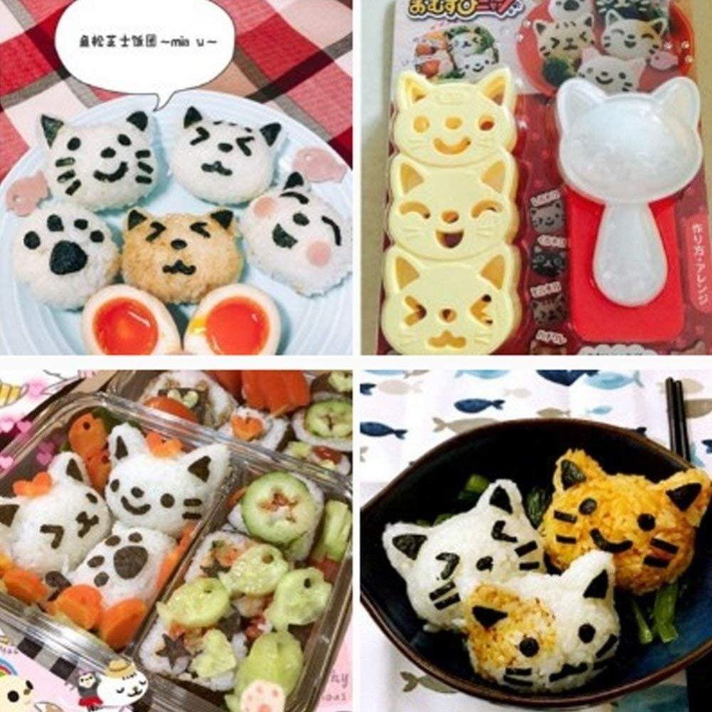 Solighter 3Pcs / Set Cetakan Nasi / Sushi Anti Lengket Bentuk Kartun Kucing Lucu