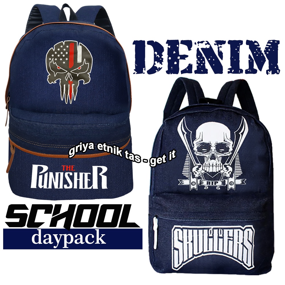 Tas Sekolah Pria Denim Jeans Tas Ransel Pria Distro Tas Punggung Pria Tas Gendong Tengkorak Skullers