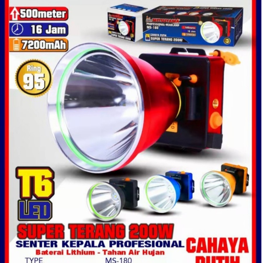 MITSUYAMA MS 180 SENTER KEPALA LED T6 CAHAYA PUTIH 200W SUPER TERANG