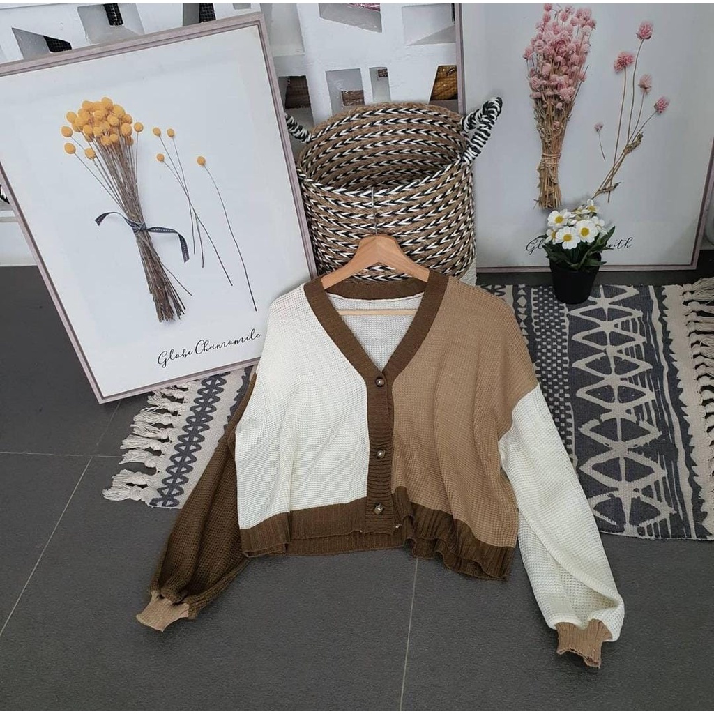 COD - HELEN CARDIE | CARDIGAN RAJUT TWIST PREMIUM | OUTER OUTERWEAR KNIT MIX WARNA KOMBINASI | KARDIGAN TEBAL HIGH QUALITY.helena-Bronze BW