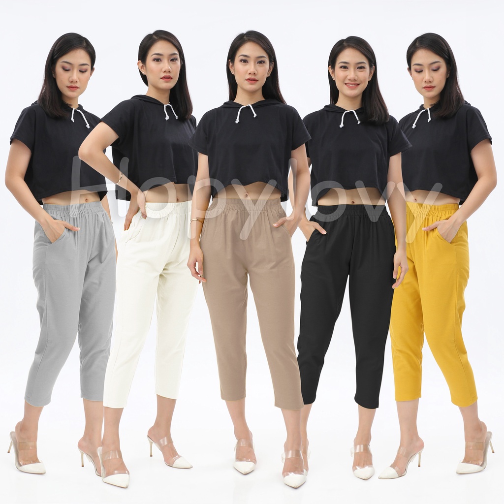 HOPYLOVY - Celana Panjang Wanita 7 per 8 bahan Katun Rami / Celana Wanita bahan Linen