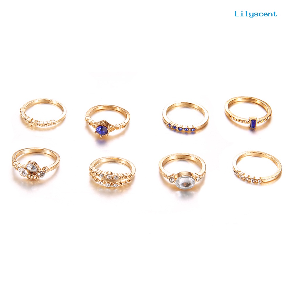 8pcs / Set Cincin Knuckle Midi Slim Stacking Aksen Berlian Imitasi Untuk Wanita