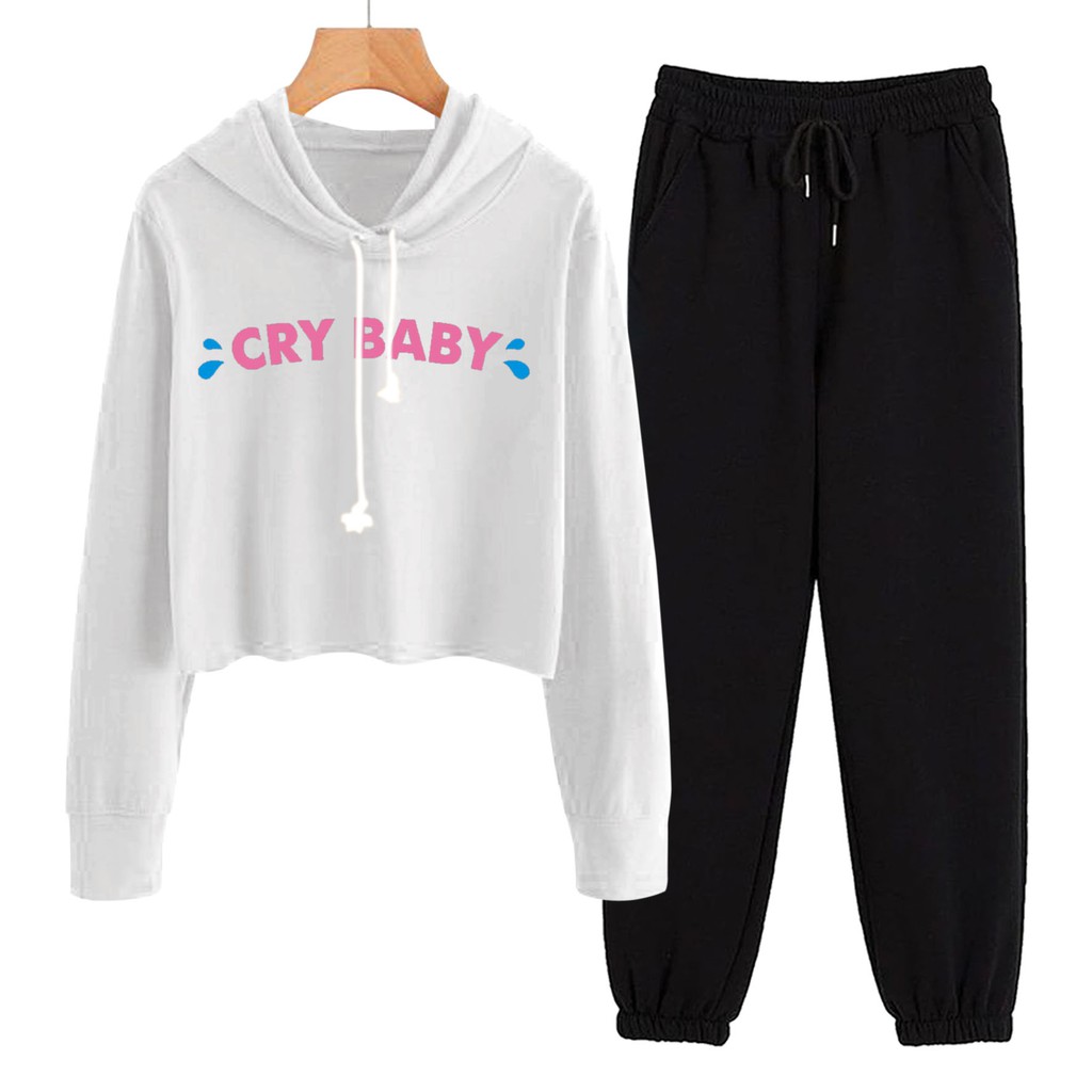 BESS - Baju Setelan Wanita Murah / Setelan Hoodie Crop + Jogger Hitam - CRY BABY