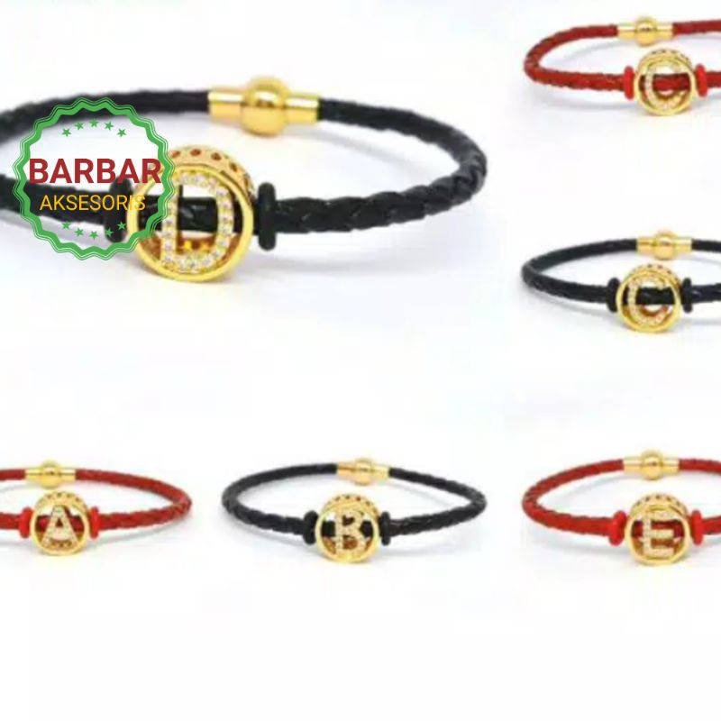Gelang Tali Kulit Leather Huruf Nama Inisial Liontin Perhiasan Lapis Emas