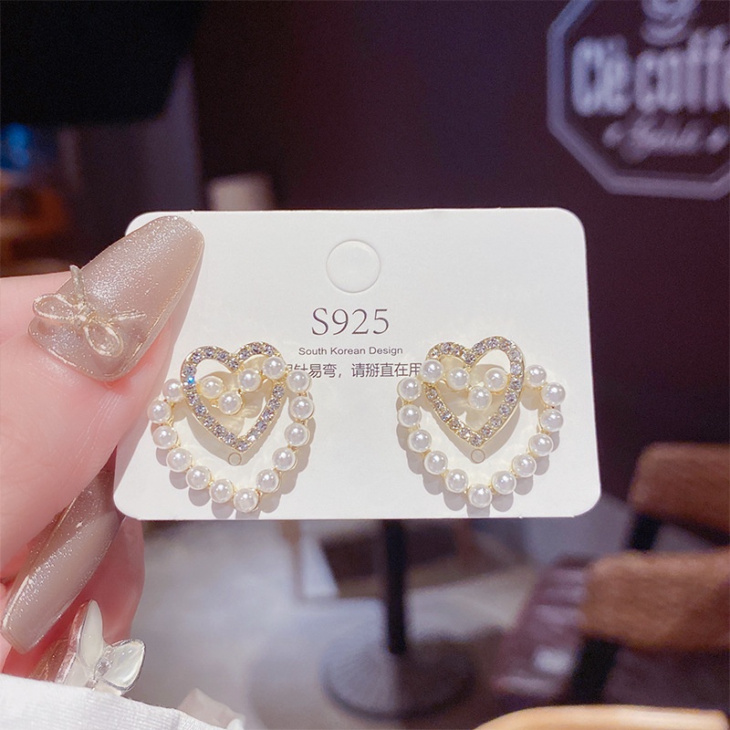 Anting Tusuk Gantung Desain Hati Ganda Hias Mutiara Gaya Retromewah Untuk Wanita