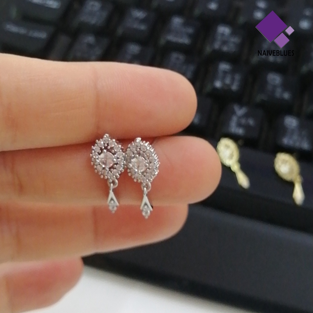 Naiveblue 1 Pasang Anting Tusuk Gantung Wanita Desain Oval Hias Cubic Zirconia + Rumbai Gaya Klasik Untuk Hadiah