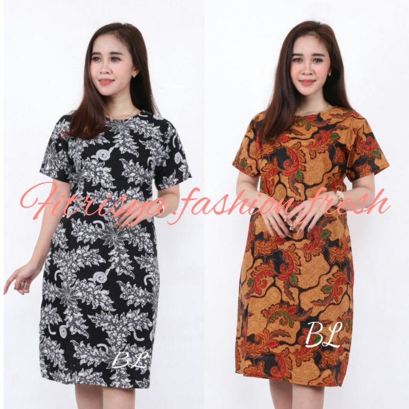 TUNIK DRESS BATIK WANITA JUMBO XXXXL / 4L LENGAN PENDEK MOTIF JAMUR KOMBINASI MODEL BARU MURAH