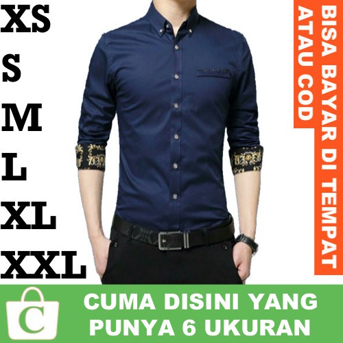 [ BISA COD ] XS S M L XL XXL - Kemeja Pria Batik Polos Kantong Lengan Panjang BIRU TUA DONGKER NAVY